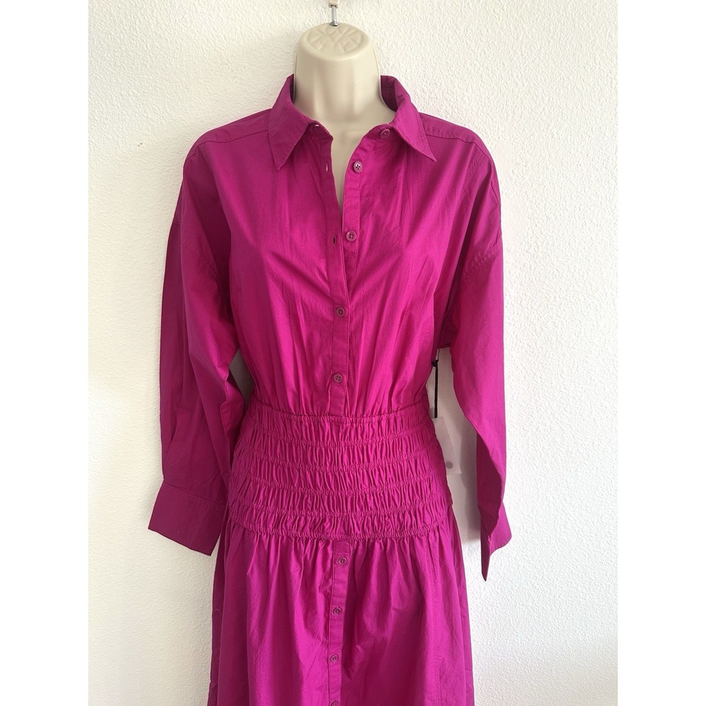 Apiece Apart Smocked Shirt Dress NWT Sz S Fuchsia Midi Cotton Poplin Collared - Picture 8 of 10